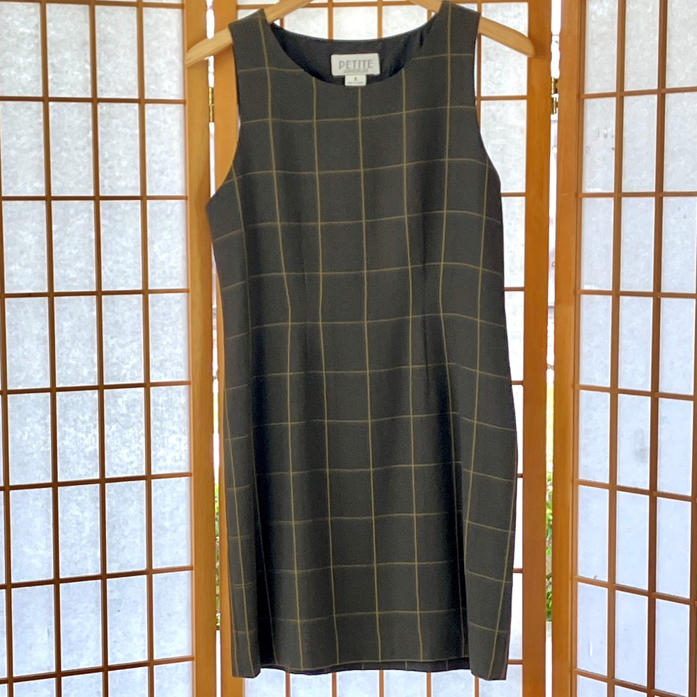 Sleeveless Gold Checked Brown Dress 6 Petite